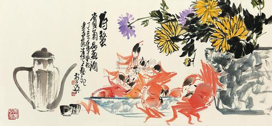 杭英 将蟹赏菊品黄酒 镜框