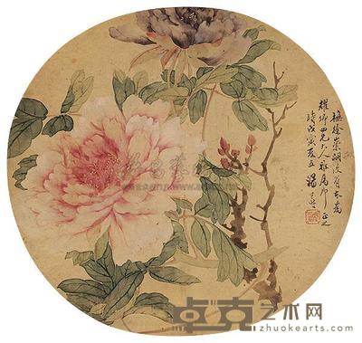 汤润之 没骨花卉 团扇片 直径24cm