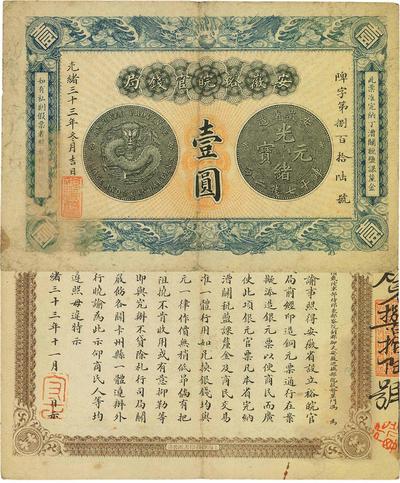 光绪三十三年（1907年）安徽裕皖官钱局壹圆