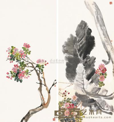王个簃 花卉 书法 （十八件选二） 镜片 尺寸不一
