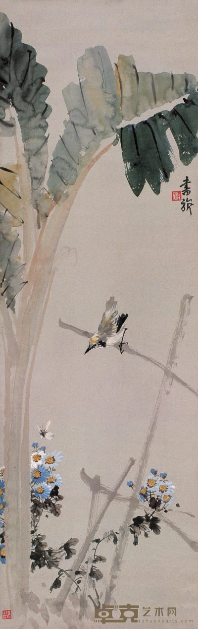 张书旂 芭蕉小鸟 立轴 123.5×40cm