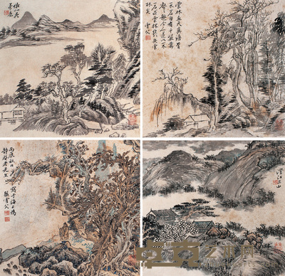 张雪父 山水 立轴 33×33cm×4
