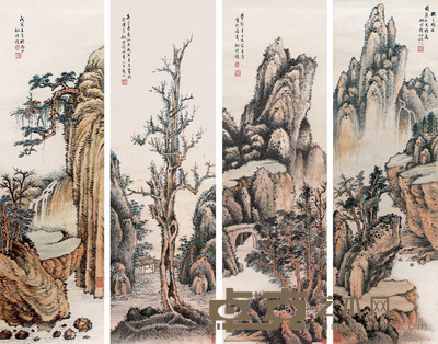 姚礼修 山水 四屏 110×34cm×4