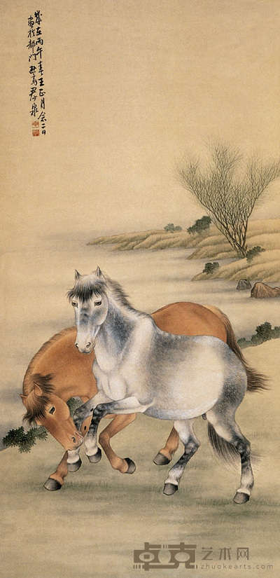 尹少泉 双骏图 立轴 134×65cm