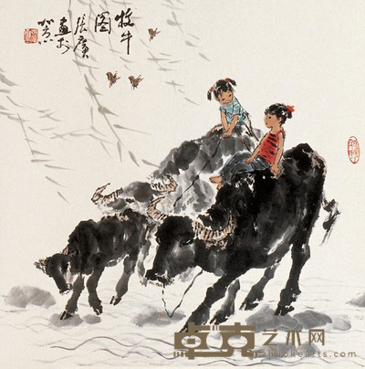 张广 牧牛图 立轴 69×69cm