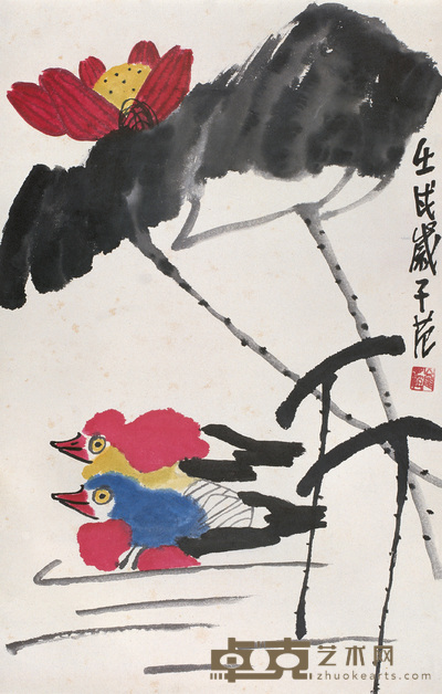 崔子范 1982年作 荷花鸳鸯 立轴 79×50cm