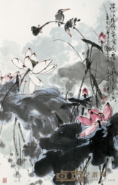 康宁 荷花双翠 立轴 104×68cm