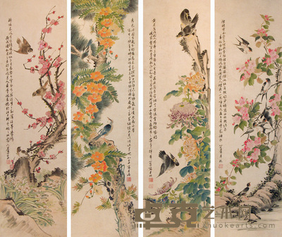 萧心泉 花卉 四屏 120×34cm×4
