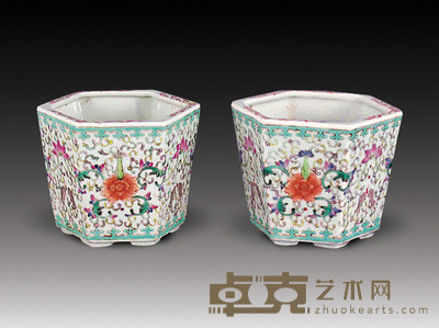 民国 粉彩花卉纹六方形花盆 高13.5cm
