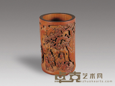 清 松石人物纹竹笔筒 高15.7cm
