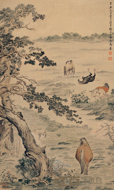马晋（款） 八骏 立轴 79×48cm