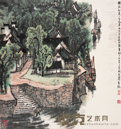 李行简 1979年作 漓江村景 立轴 47.5×45cm