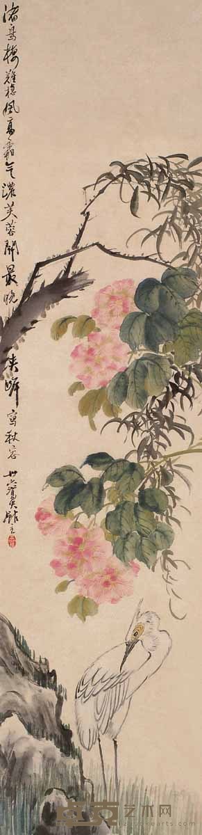 王荃 芙蓉仙鹤 立轴 127×32cm