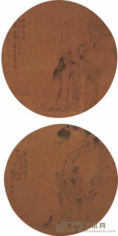 钱慧安 人物双挖 立轴 37×37cm×2
