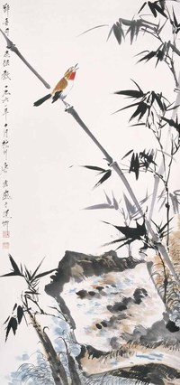 唐山 竹石鸣禽 立轴