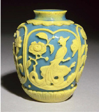 18th Century An opaque blue and yellow overlay glass jar