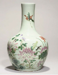 19TH CENTURY A LARGE FAMILLE ROSE CELADON-GROUND BOTTLE VASE