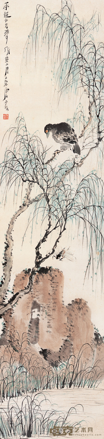 唐云 戊寅（1938年）作 柳阴蝉雀 立轴 137×32.7cm