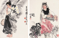 王明明 己未（1979年）作 采花图二帧 镜心