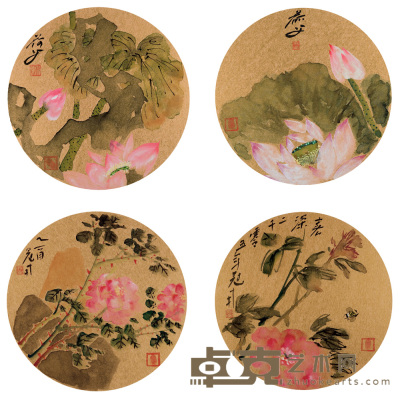 吴冠南 乙酉（2005年）作 花卉（四帧） 镜心 31×31cm×4