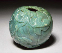 18th Century A striated green and blue glass melon shaped waterpot