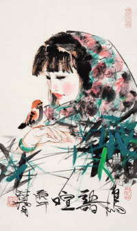 林墉 庚午（1990年）作 鸟语喧 镜心