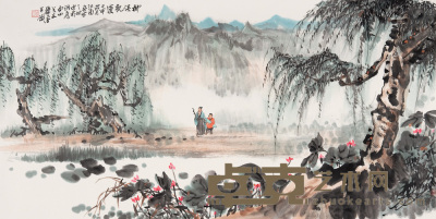 萧平 甲申（2004年）作 柳溪观莲 镜心 68.5×138cm