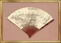 A CHINESE PAINTED FAN WITH LACQUER STICKS