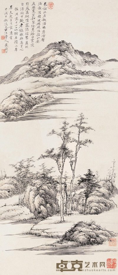 黄起凤 甲戌（1934年）作 仿倪瓒山水 立轴 92×39.8cm