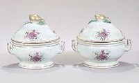 18th Century A pair of export-ware circular famille rose tureens and covers