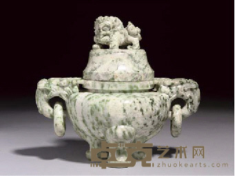 19th Century A mottled green and greyish celadon jade tripod censer and cover 
