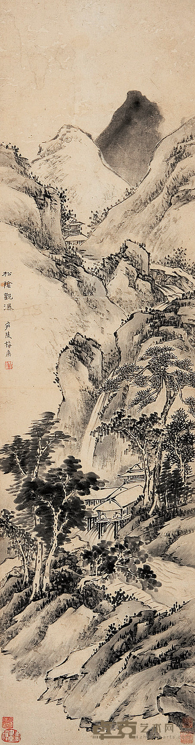 梅庚 松荫观瀑 立轴 122×33cm