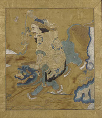 A SINO-TIBETAN APPLIQUE PICTURE OF THE BHUDDA SEATED IN CONTEMPLATION