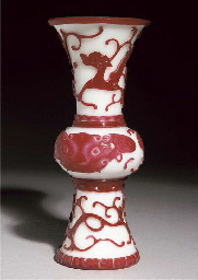 18th Century An opaque white and red overlay glass gu vase