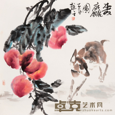 陆越子 乙酉（2005年）作 寿鹿图 镜心 70×70cm
