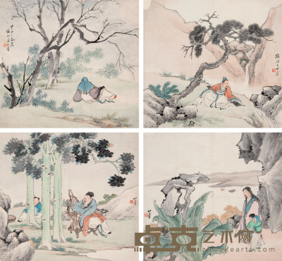 黄山寿 甲申（1884年）作 人物 四屏 41×45cm×4