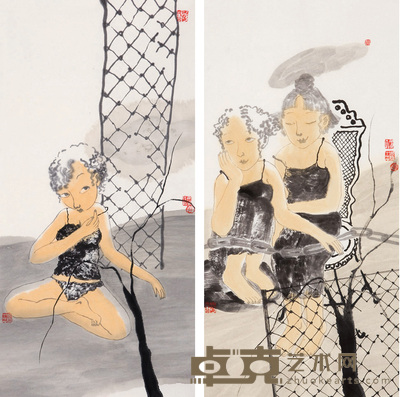 张灵 人物 镜心 70×35cm