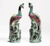 19th Century A pair of famille rose figures of peacocks