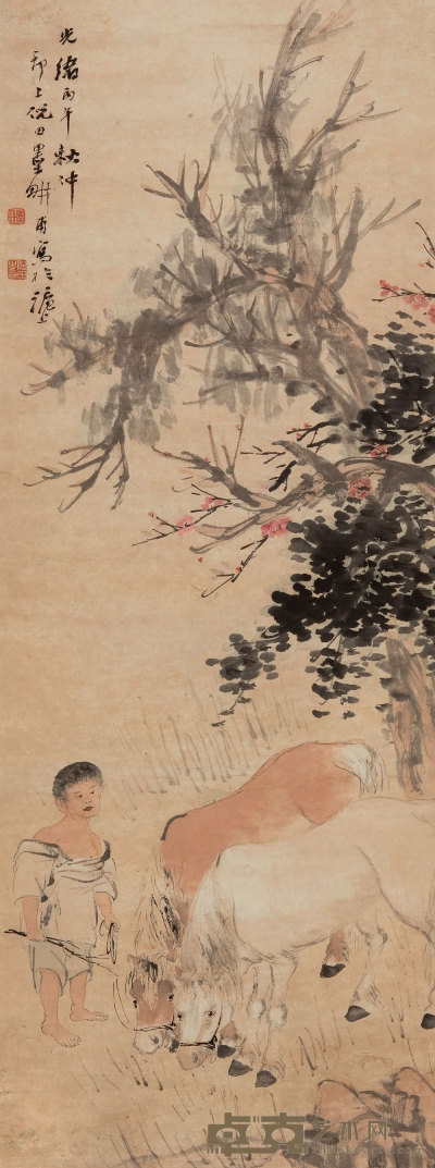 倪田 丙午（1906年）作 牧马图 立轴 90×34cm
