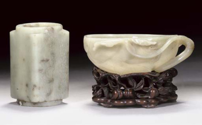18th/19th Century A pale celadon jade libation cup modelled as a gourd