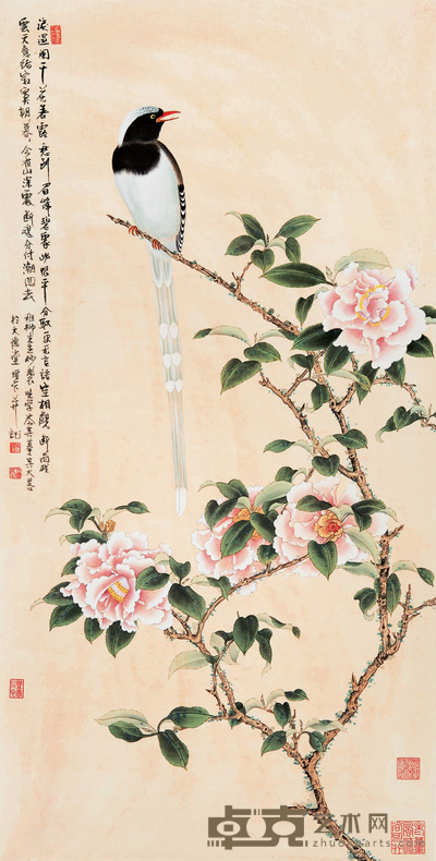 岑其 茶花寿带图 立轴 130×67cm