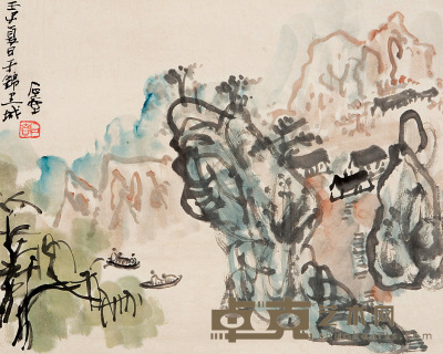 石壶 壬子（1972年）作 山水 镜心 27×34cm
