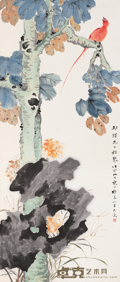 江寒汀 戊寅（1938年）作 桐荫绶带 立轴 106.8×46cm