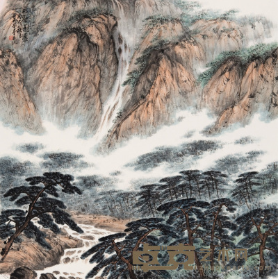 卢星堂 丙戌（2006年）作 松壑飞瀑 镜心 68×68cm