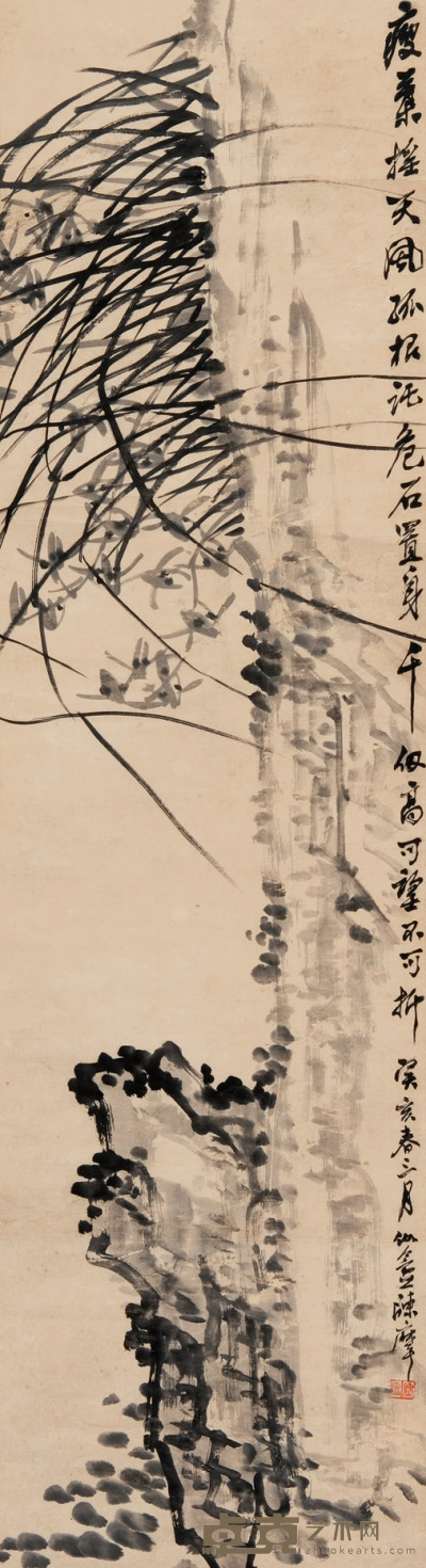 陈摩 癸亥（1923年）作 兰石 立轴 142×39cm