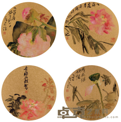 吴冠南 乙酉（2005年）作 花卉（四帧） 镜心 31×31cm×4