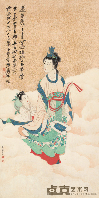 张大千 甲申嘉平（1945年）作 蟠桃献寿 镜心 112.5×57.5cm