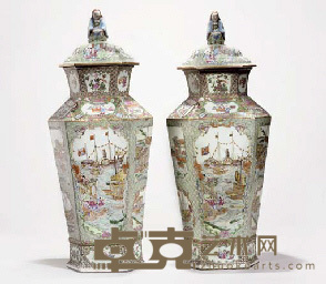 19th Century A Pair of Famille rose hexagonal vases and covers 