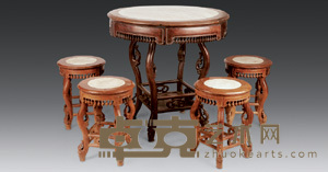 红木大理石面圆桌四凳 （桌）直径81cm；高81cm；（凳）直