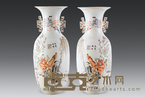 粉彩描金双耳大花瓶（一对） 口径21cm；高58cm